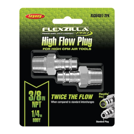 Flexzilla High Flow Plug, 1/4in Body, 3/8in MNPT, 2-Pack A53640FZ-2PK